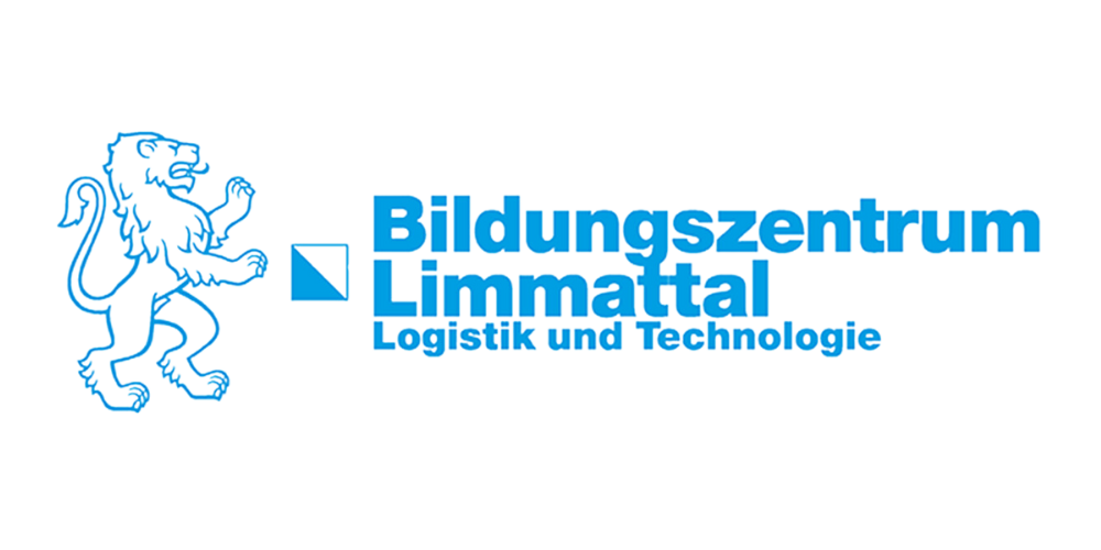 Logo des Bildungszentrums Limmattal mit einem Löwen, blauer Schrift und Linien im Hintergrund.