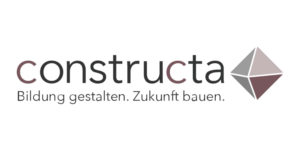 Logo mit dem Text 'constructa' und einer 3D-Pyramide, darunter der Slogan 'Bildung gestalten. Zukunft bauen'.