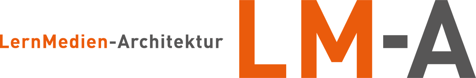 Grafisches Logo mit orange, grau, schwarz und weiß Farben, das den Text "LernMedien-Architektur" und die Abkürzung "LMA" enthält.