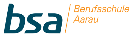 Logo der Berufsschule Aarau, abgekürzt als bsa, in blauer und orange Schrift.