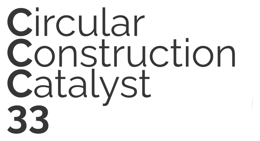 Ein Wortwolke mit Begriffen wie 'Circular', 'Construction', 'Catalyst' und '33' in schwarzen Buchstaben auf weißem Hintergrund.