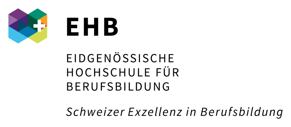 Logo der Eidgenössischen Hochschule für Berufsbildung (EHB) in der Schweiz, mit buntem geometrischem Design und schwarzen Texten.